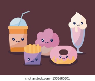 set of bakery pastry kawaii character