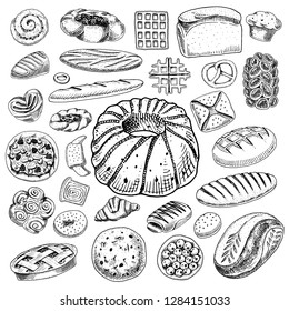 Set of Bakery and pastry products. Bread and pie, buns and cakes. Pastry. Engraved hand drawn vintage style. Doodles for menu. Color food. Collection of Elements.
