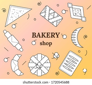 Set of bakery and pastry products in outline style. Croissants, bagels, puffs, roll, buns of puff pastry with fresh berries and jam. Vector illustration for bakeries, cafe, menu.