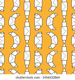 Set of bakery and pastry in style outline on colored background. Seamless pattern with icons of croissants, bagels, rolls, buns from puff pastry. Vector template for pastry, bakeries, wrapping paper.