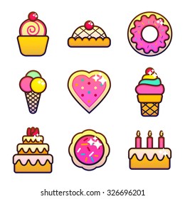 Set of bakery, pastry and sweets icons. Bread, donut, cake, candy, cupcake. Vector Illustration.