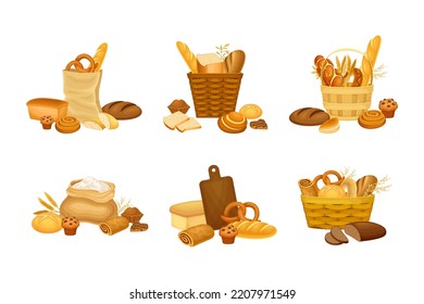 Set of bakery products and bread assortment. Loaf and whole grain bread, baguette, bun, pretzel in wicker baskets cartoon vector illustration