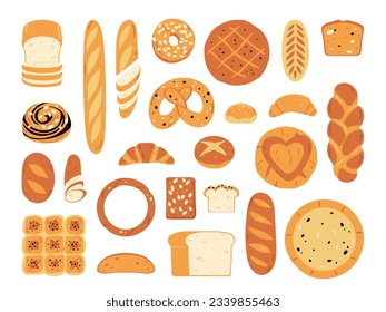 Set of bakery products and bread assortment. Flat vector illustration isolated on white background.