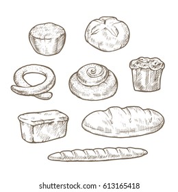 Set of bakery products. Bread, baguette, rolls, cake and pie. Sketch vector illustration.