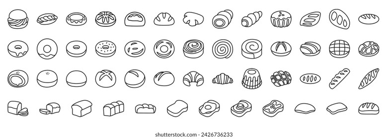 Set of bakery products bread line icons. 