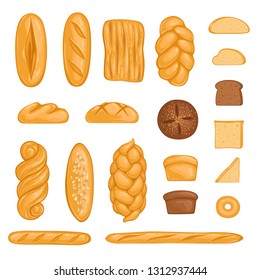 Set of bakery products. Bread, loaf, hala, baguette and rye bread in cartoon style. Vector illustration