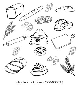 Set of bakery products: bread, loaf, cheesecake, croissants,donuts, rolls,cutting board, flour, rolling pin, ear on a white background.The grocery set can be used in bakeries,textiles, menus,packaging