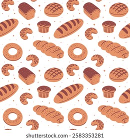 Set of bakery products. Bread made from wheat flour. Food and cooking. Flat vector illustration isolated on white background. Seamless pattern for design and printing