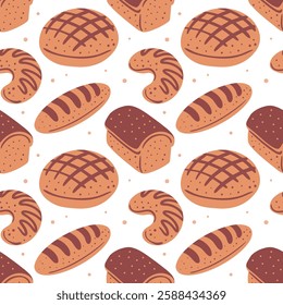 Set of bakery products. Bread made from wheat flour. Food and cooking. Flat vector illustration isolated on white background. Seamless pattern for design and printing