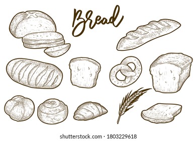 set of bakery products, bread and pastry, hand drawn vector, engraving style