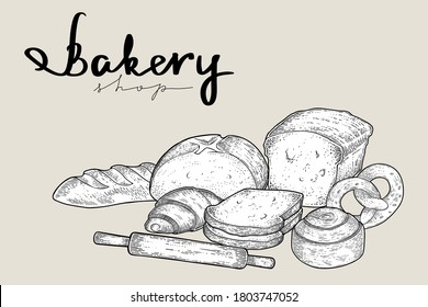 set of bakery products, bread and pastry, hand drawn vector, engraving style