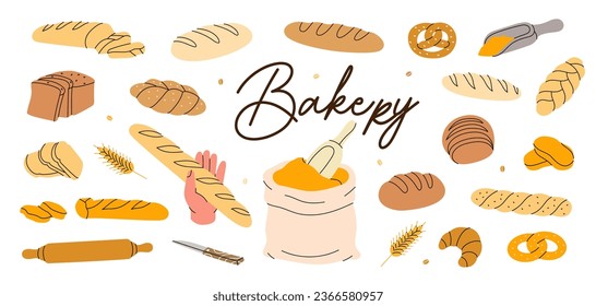 Set of bakery products. Bread and pastry banner. Whole grain and wheat bread, pretzel, ciabatta, croissant, french baguette for bakery menu design.