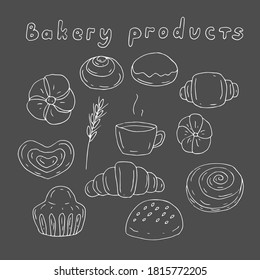 Conjunto de productos de panadería y café, ilustración vectorial, dibujo a mano, fondo oscuro