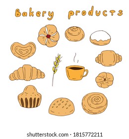 Set of bakery products and coffee, vector illustration, hand drawing, colored