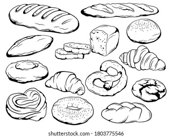 Set of bakery products. Collection of flour products fluffy bun, baguette, croissant, etc. Delicious food. Vector illustration of baking products for the store.