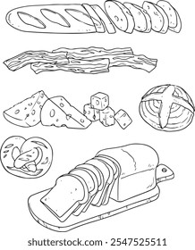 Conjunto de produtos de padaria. Coleção de produtos de farinha bolinho fofo, baguete, croissant, bacon, queijo, etc. Comida deliciosa. Ilustração vetorial de produtos de panificação para a loja.