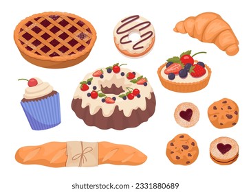 Set of bakery products concept. Berry pie, glazed donut, croissant and cherry muffin. Dessert and delicacy. Cookies with chocolate. Cartoon flat vector collection isolated on white background