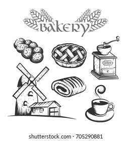 Set of bakery products for the design of the menu and style of the interior of a cafe or restaurant. Vector illustration isolated on a white background.