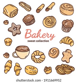 Set with bakery products. Different types of sweet pastries and Bakery lettering. Colorful vector illustration on a white background. Doodle.