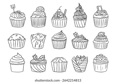 Set of bakery products in doodle style. Muffin, cupcake. Great for banners, menu design. Hand drawn	
