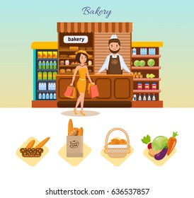 Set of bakery products and elite bread, sweets. Seller in apron and headdress standing at food counter. Buyer engaged of shopping in store of bakery. Vector illustration isolated on white background.