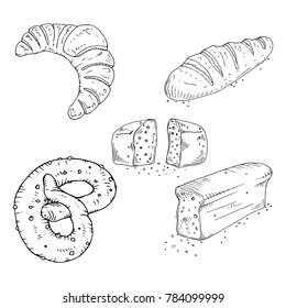 Set of bakery products icons. Vector illustration set of bread. Hand drawn buns, bread, loaf, baguette, bagel. Sweet croissant icon. 