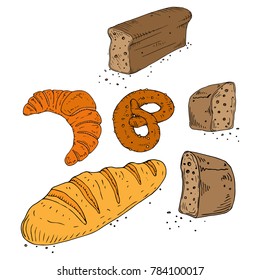 Set of bakery products icons. Vector illustration set of bread. Hand drawn buns, bread, loaf, baguette, bagel. Sweet croissant icon. 