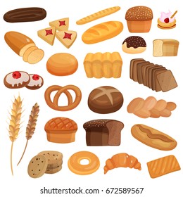 Set of bakery products including wheat and rye bread, spikes, glazed buns, cookies, bagels isolated vector illustration  