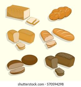 Set of bakery products on a white background. Fresh pastries, rye bread, wheat bread loaf, sliced for sandwiches and toast, bread. Vector Illustration for your projects.