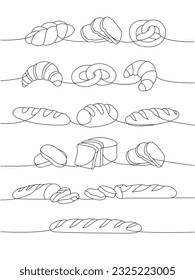 Set of bakery products one line continuous drawing. Wheat bread, pretzel, ciabatta, croissant, bagel, french baguette continuous one line illustration