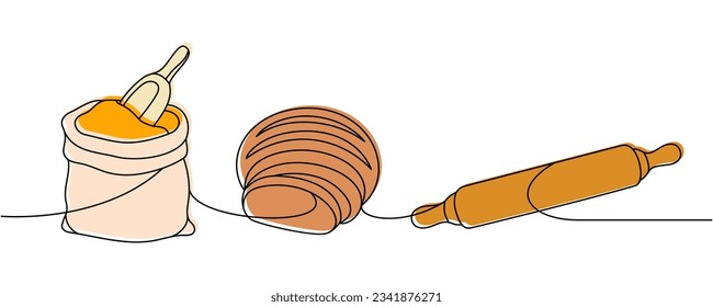 Set of bakery products one line colored continuous drawing. Rye round dark bread, flour bag, rolling pin continuous one line illustration.