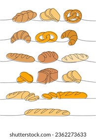 Set of bakery products one line colored continuous drawing. Wheat bread, pretzel, ciabatta, croissant, baguette continuous one line illustration