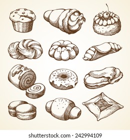 Set with bakery products, pastries, sweets, desserts. Sketch vector illustration