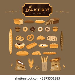 Set of bakery products. Pastry. Bread, baguette, buns, croissants and bagels. Design elements collection. Vector