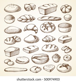 Set With Bakery Products Sketch Vector Illustration. Hand Drawn Collection Bread, Loaf, Muffin, Croissant