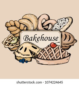Set of bakery products with text box bakehouse on beige background, individual  design elements, colorful, hand drawing style, vector illustration