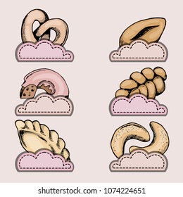 Set of bakery products with text box cloud form, individual design elements, colorful, hand drawing style, vector illustration