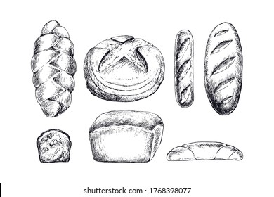 Set of Bakery products, variety of breads isolated on white background. Hand Drawn vector illustration.