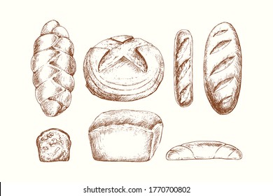 Set of Bakery products, variety of breads isolated on beige background. Hand Drawn vector illustration.