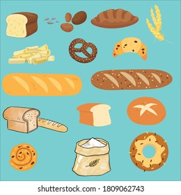 Set of bakery products.Bakery product icons for menu,recipe book.Cartoon bakery product vector illustration