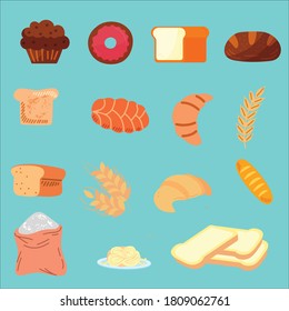 Set of bakery products.Bakery product icons for menu,recipe book.Cartoon bakery product vector illustration