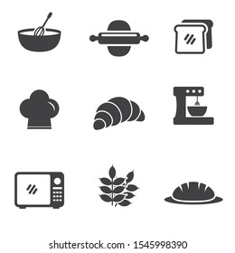 Set of bakery related vector illustration with simple black design. Bakery icon, bread icon 