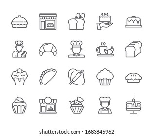 Set of bakery Related Vector Line Icons. Includes such Icons as bun, bread, croissants, pie, pastry shop and more.