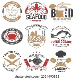 Set of Bakery and seafood badges. Vector. For emblem, sign, patch, shirt, menu restaurants with rolling pin, windmill, wheat ears, tuna, trout, shrimp, octopus crab mussels and clams.