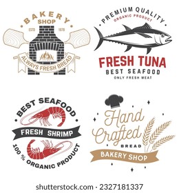 Set of Bakery and seafood badges. Vector. For emblem, sign, patch, shirt, menu restaurants with rolling pin, windmill, wheat ears, tuna, trout, shrimp, octopus crab mussels and clams.