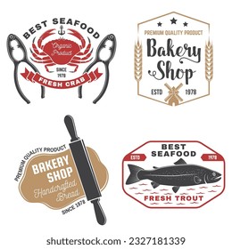Set of Bakery and seafood badges. Vector. For emblem, sign, patch, shirt, menu restaurants with rolling pin, windmill, wheat ears, tuna, trout, shrimp, octopus crab mussels and clams.