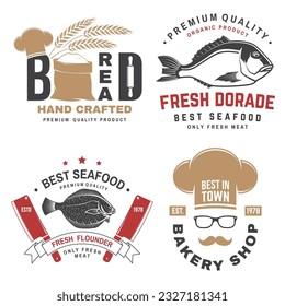 Set of Bakery and seafood badges. Vector. For emblem, sign, patch, shirt, menu restaurants with rolling pin, windmill, wheat ears, tuna, trout, shrimp, octopus crab mussels and clams.