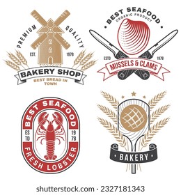 Set of Bakery and seafood badges. Vector. For emblem, sign, patch, shirt, menu restaurants with rolling pin, windmill, wheat ears, tuna, trout, shrimp, octopus crab mussels and clams.