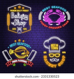 Set of Bakery and seafood badges. Vector. For emblem, sign, menu restaurants with windmill, wheat ears, crab, flounder. Neon sign bright signboard light with crab, Alaska sole or flounder, bread.