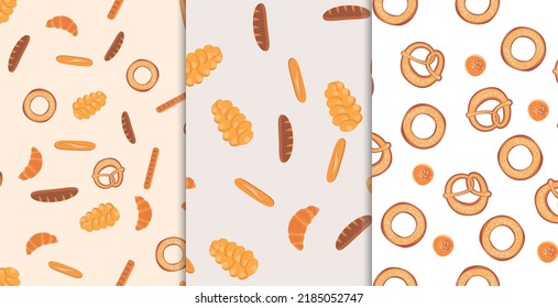 Set of Bakery seamless pattern with cartoon bun and pretzel for wrapping paper. Flat Art Vector Illustration